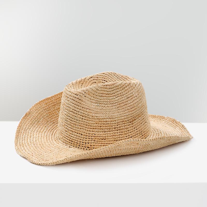 Handgefertigte 100% Raffia Strohsonnenhüte für Damen Breiter Rand Gehäkelter Cowboyhut mit Verstellbarem Klettverschluss Gedächtnisdraht Sommer Strandhut