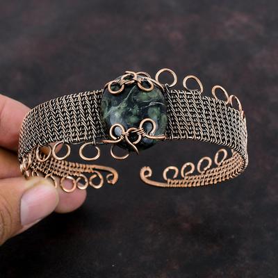 Kambaba Jaspis Kupfer Armreif Kupferdraht Umwickelter Schmuck Edelstein Armreif Verstellbares Manschettenarmband Handgefertigter Schmuck Kupferdraht Wickel Armreif
