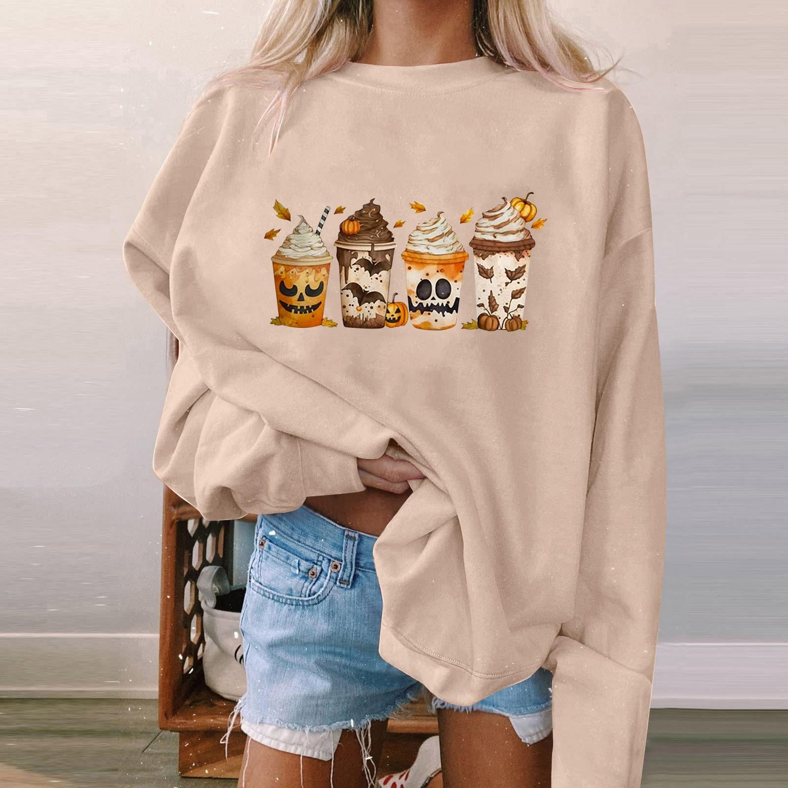 

Женская мода, повседневный пуловер с длинными рукавами и капюшоном, толстовка с принтом на Хэллоуин M бежевый