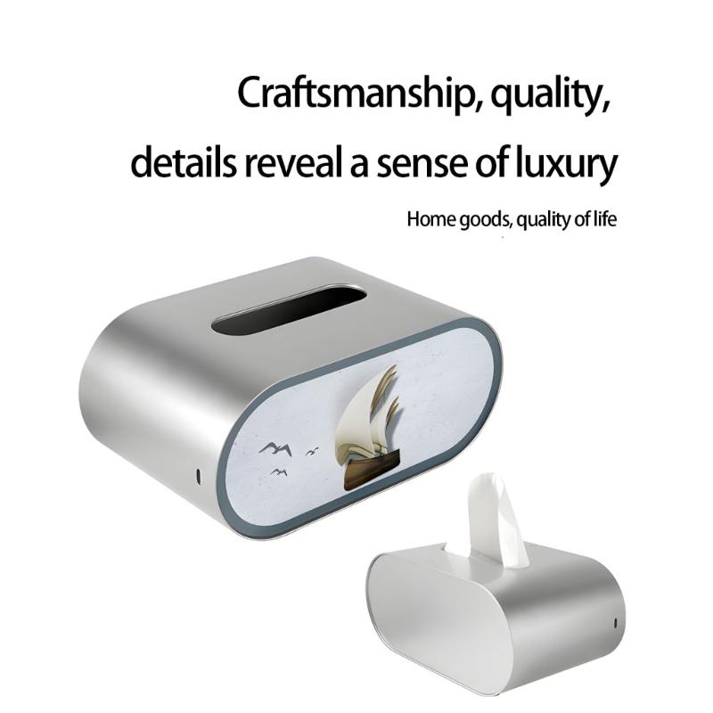 Modern Artistic LED Tissue Box Holder Large Opening Napkin Storage Box with Night Light for Smooth Pulling Enduring