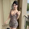 Leopard Print Sheer Mesh Dress V-Neck Sleeveless High-Waist Bodycon Mini Party Night Out
