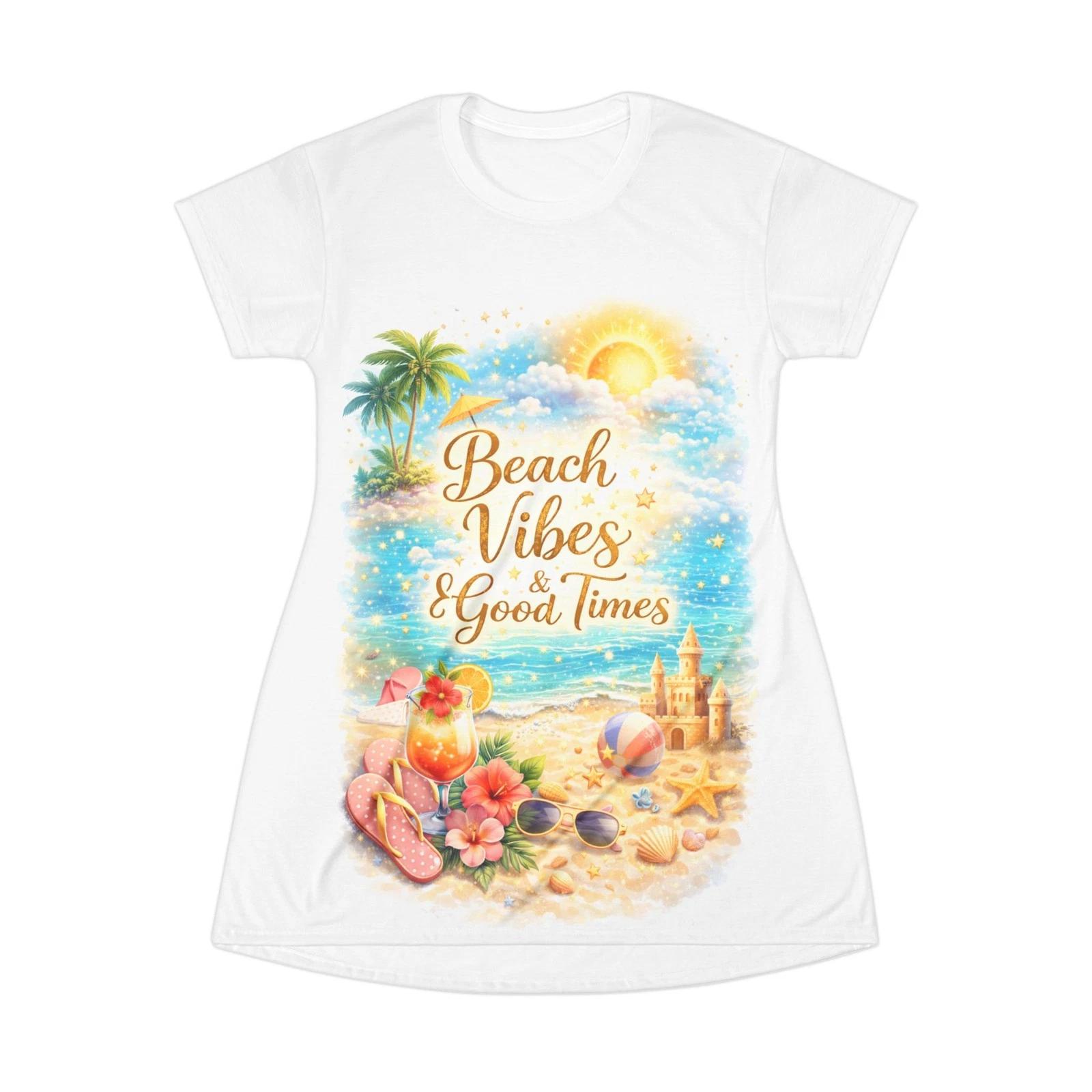 Beach Vibes & Good Times T-Shirt Dress | Summer Beach Scene S