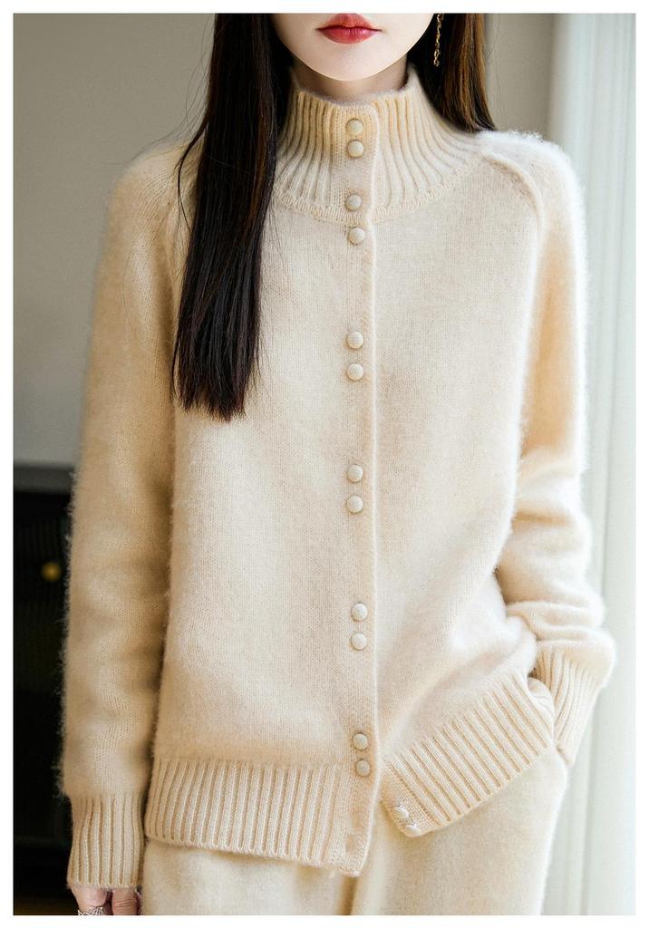 Women's Solid Color Wool Cardigan - High Neck, Long Sleeve, Loose Fit Sweater