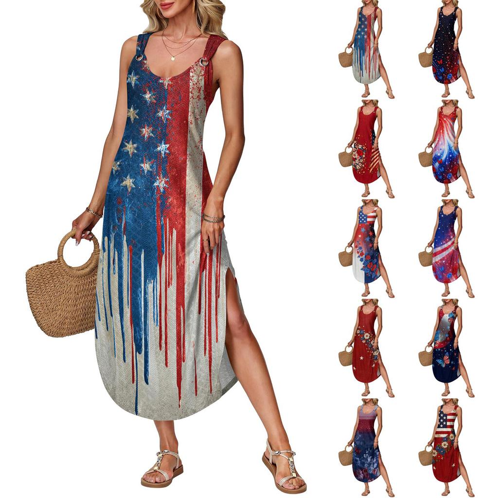 Women's Summer Long Dress Sleeveless Side Slit Long Independence Day Print Vacator Dress