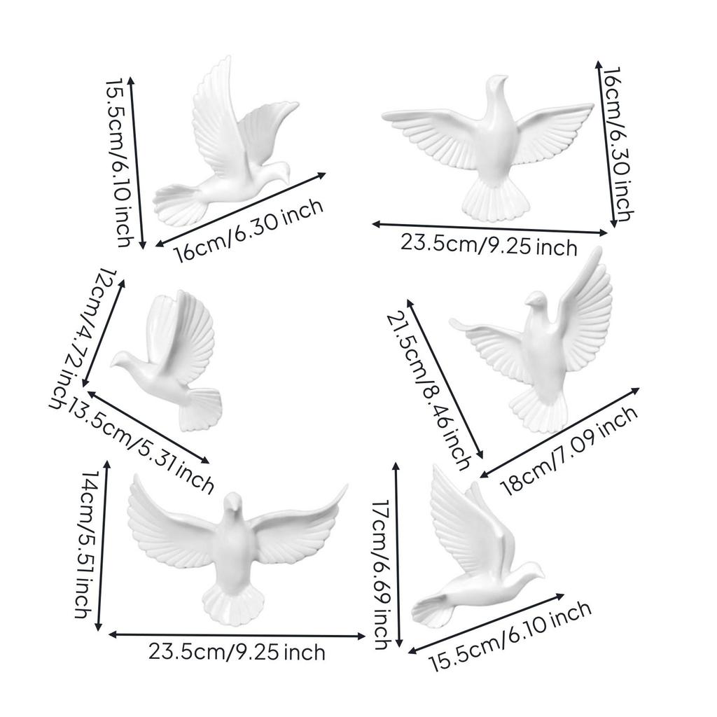 6 Pieces Pigeon Wall Art with Spread Feathers Resin Bird Decor Carved for Living Room, Entryway
