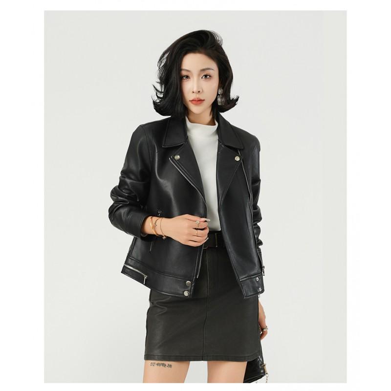 Womens Short PU Leather Jacket With Notched Lapel Slim Fit Biker Style Office Casual Wear