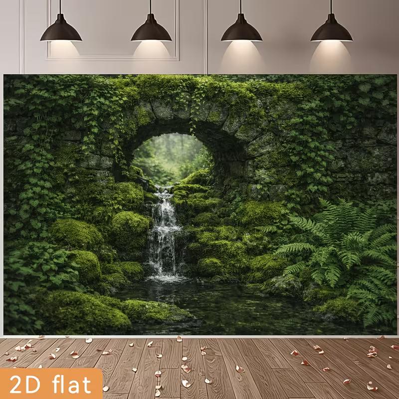 Mossy Stone Arch Backdrop with Waterfall and Ferns Photography Background