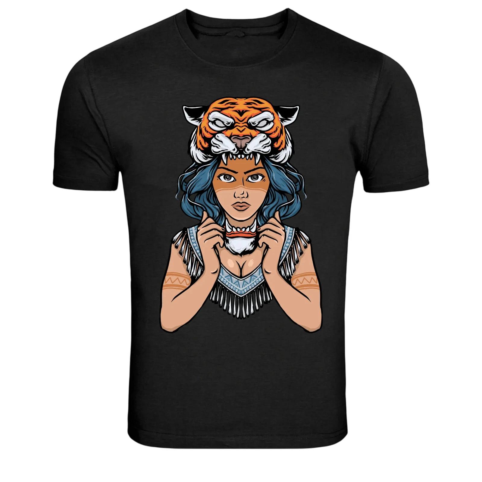 

Tribal Warrior Girl Tiger Headdress Graphic T-Shirt L