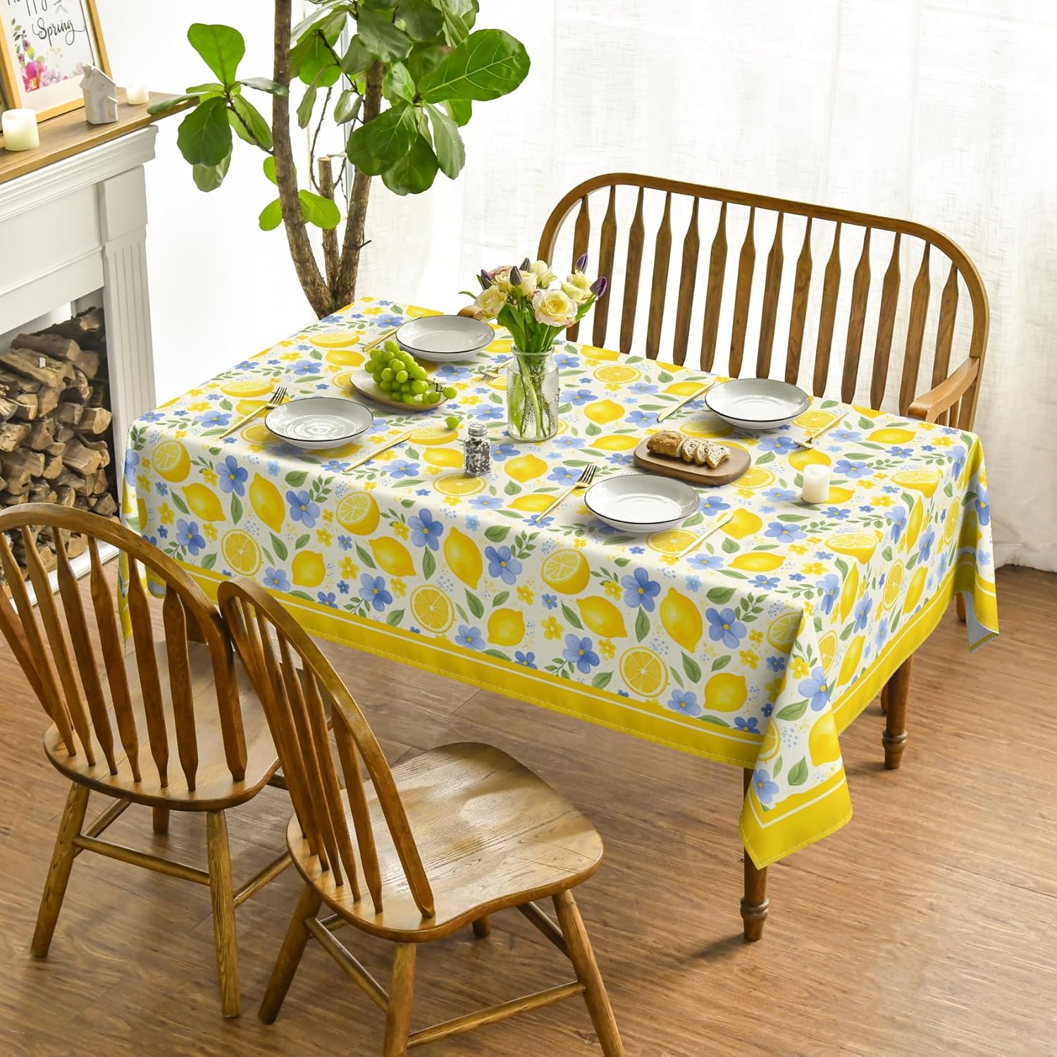 Nappe Rectangle Citrons d'Été pour Décoration de Table Impression Citrons Jaunes Feuilles Florales Bleues Nappe de Table de Cuisine Salle à Manger Décor de Fête 140x140cm