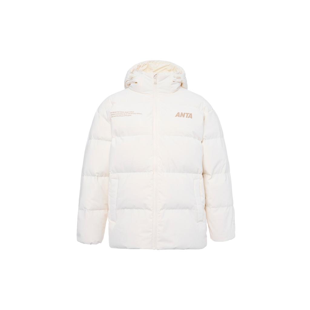 Anta Lifestyle Series Letter Print Snow Shell Three-Proof Hooded Down Jacket Women Outerwear Vanilla-White 962348902-1