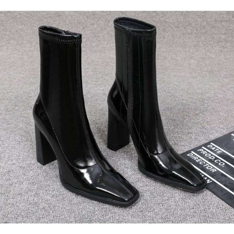 Fashion New Style Luxury Women's Boots Autumn Women's Fashion Square High Heels Patent Leather Shoes Ankle Boots Black Women's Zipper