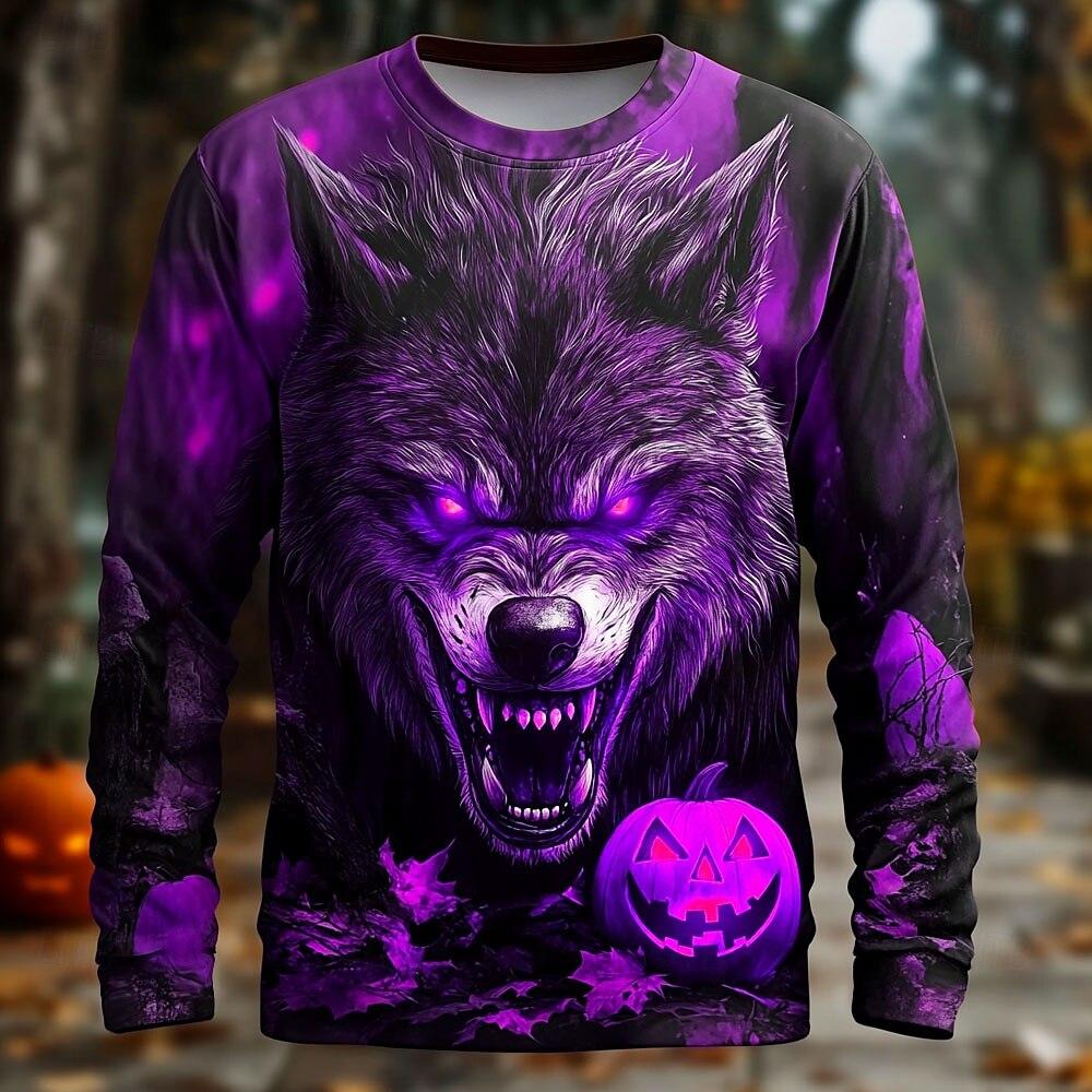 3D Vintage Wolf Print Men's T-Shirt Retro Cool Long Sleeved Round Neck Tees For Men Gothic Halloween Theme Party Unisex Clothing