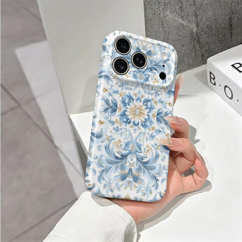 Refined Blue Gold Ornate Baroque Floral Pattern Graphic Art Film Aesthetic Protective Shockproof Bumper Case Cover For iPhone 13 14 15 16 Pro Max Plus