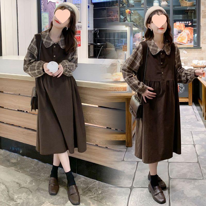 Spring & Autumn Plaid Two-Piece Maternity Dress
