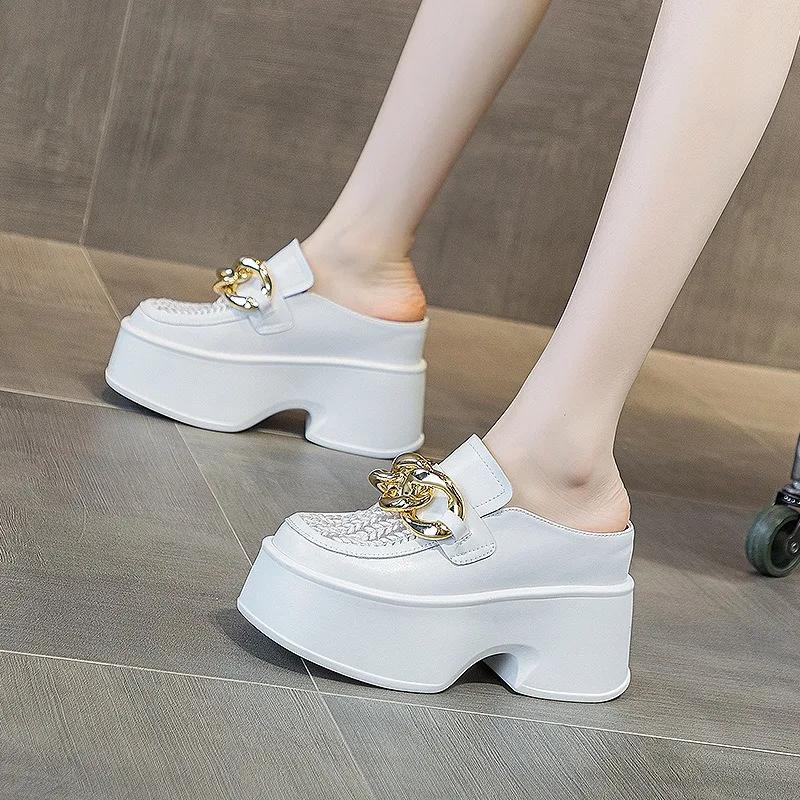 Fashion 11cm Air Mesh Genuine Leather Platform Wedge Sneakers Women Breathable Casual Hollow Chunky Summer Slippers Slides Shoes