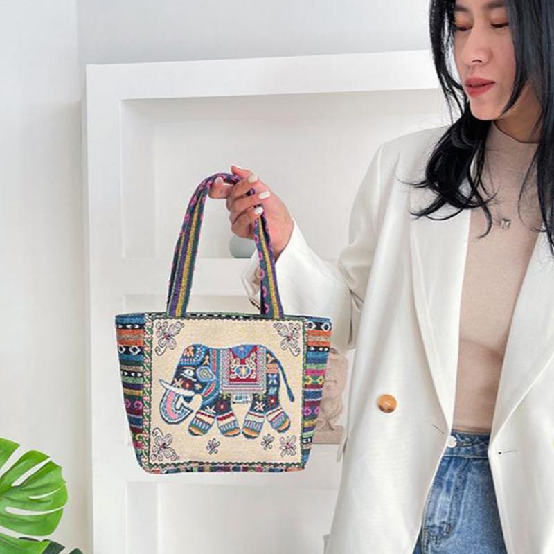 Ethnic Style Handbag Trendy Animal Embroidery Handbag Canvas Women Shoulder Bags Women Grocery Storage Pouch