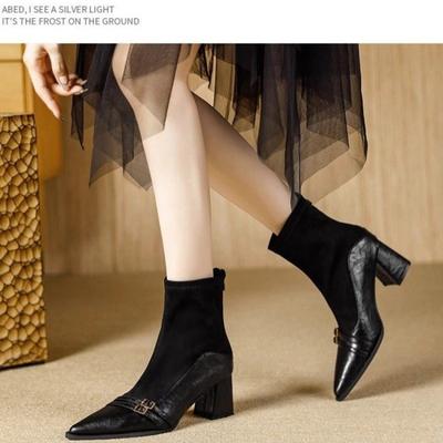 Fashion French Vintage Brown Booties Women Block Heel Fall Winter 2025 New Paneled Stretch Skinny Boots Pointed Toe Pump Shoes