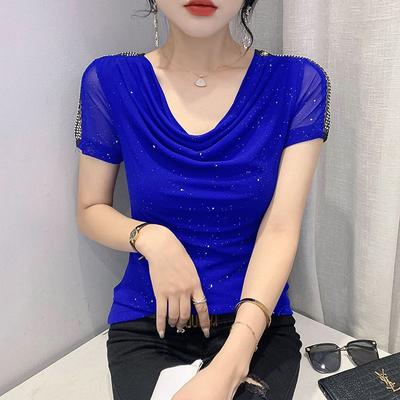 Camisetas de manga corta con diamantes, Camisetas de malla con cuello redondo, ajustadas, elásticas, para verano