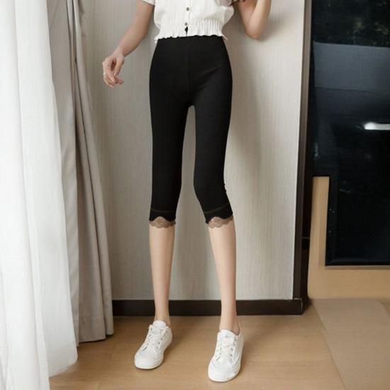 Women Cropped Leggings Elastic Tight Fit High Waist Lace Splice