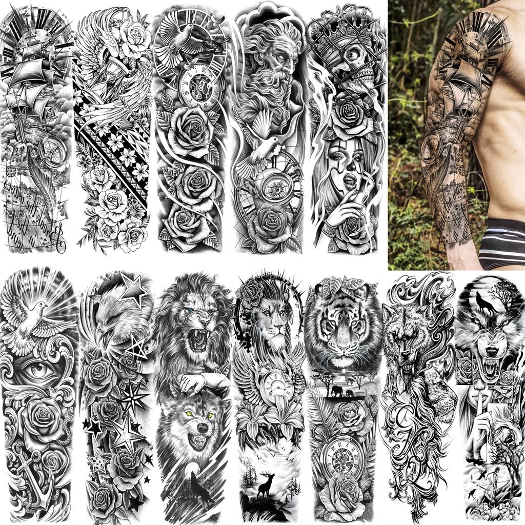 1 Foglio Tatuaggi Temporanei Finti Manica Lunga Per Donne Uomini Leone Tigre Fiore Lupo Maori Tatuaggio Adesivo Braccio Gamba Trasferimento ad Acqua Fai da Te