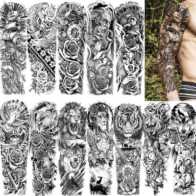 1 Foglio Tatuaggi Temporanei Finti Manica Lunga Per Donne Uomini Leone Tigre Fiore Lupo Maori Tatuaggio Adesivo Braccio Gamba Trasferimento ad Acqua Fai da Te