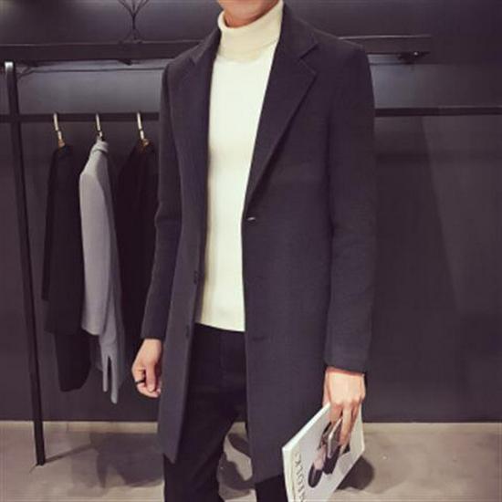 Red Woolen Men's Mid-Length Korean Style Slim Windbreaker Coat