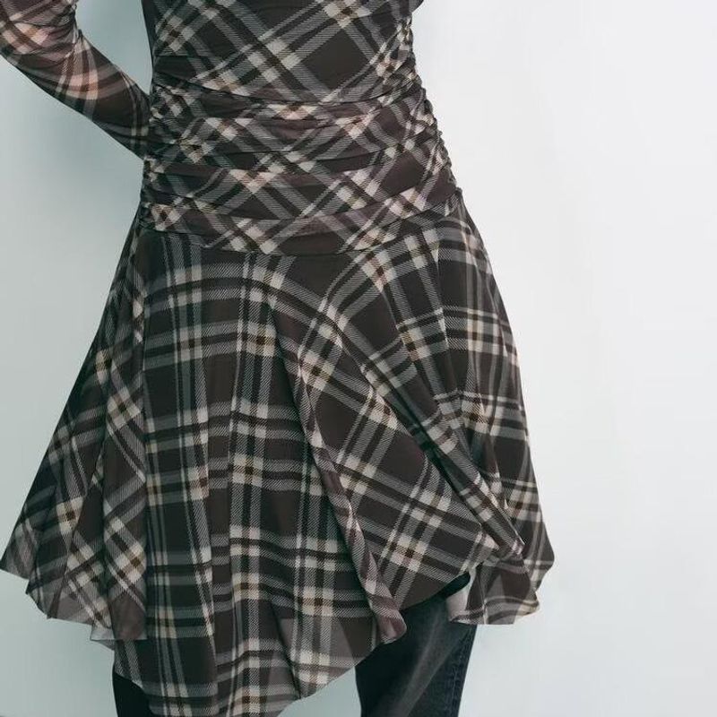 Za2025 Spring New Women's Clothing Fashion Gingham Ruched Silk Net Elegant Long-Sleeve round-Collar Dress 5039282