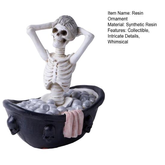 Halloween Skeleton Figurine Resin Bathing Skeleton Statue Desktop Skeleton Ornament for Bookshelves Tables Cabinets