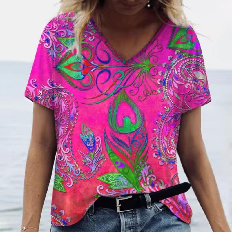 Summer V Neck Women T-Shirts 3D Print Peacock Feather Graphic Fashion Short Sleeve Harajuku Y2k Top Oversized Casual Female T Shirt