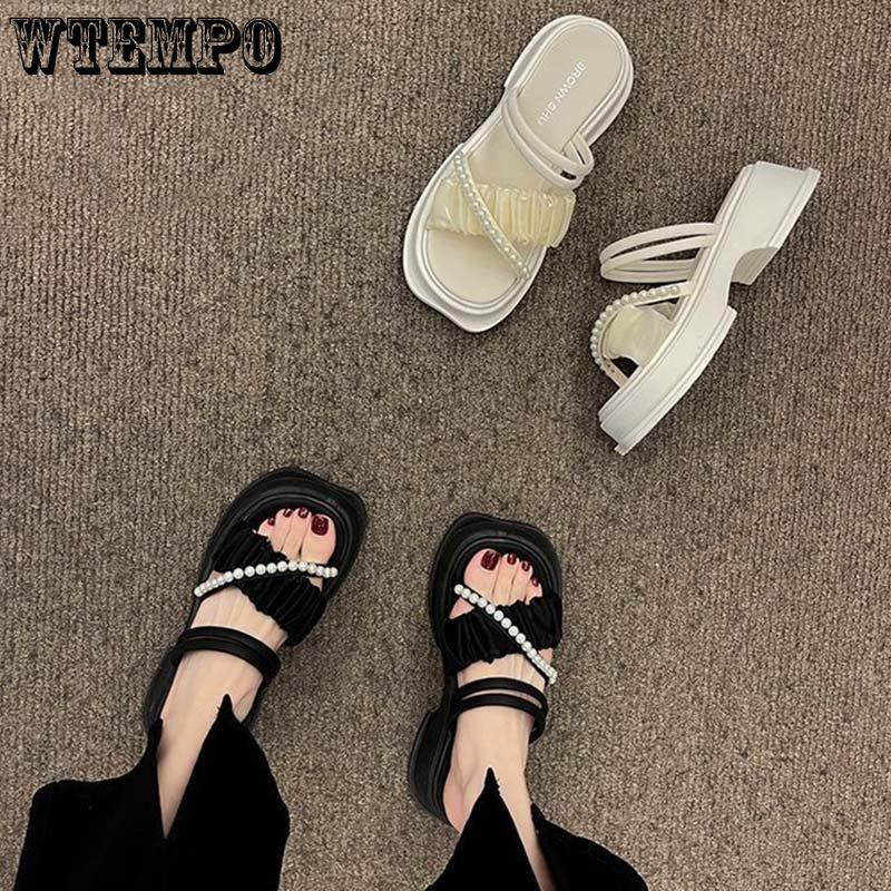 

WTEMPO Сандалии из сетки на толстой подошве с жемчужной регулируемой пряжкой двойного назначения Модные и универсальные однотонные повседневные и удобные тапочки в сказочном стиле