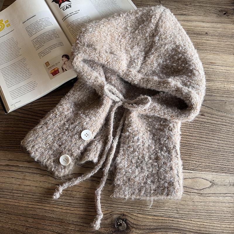 Solid Knitted Color Cap With Wide Brim And Ear Warmers For Autumn Winter Casual