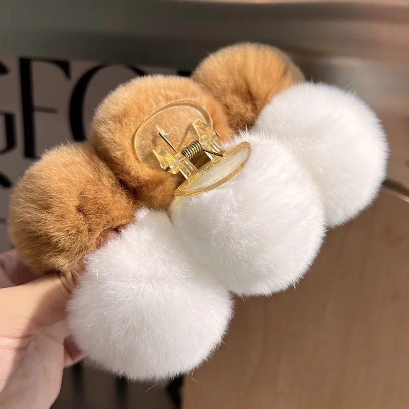 YHJ Oversize Hairball Hair Claw Clips Winter Faux Rabbit Fur Crab Hair Clip Headband for Women Grab Clamp Hair Accessories