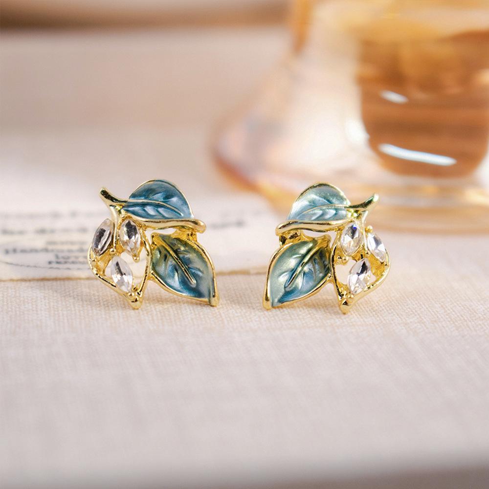 Blue Unique Leaf Earrings, Fashionable Small Fresh Earrings, Niche Light Luxury High-End Versatile Earrings