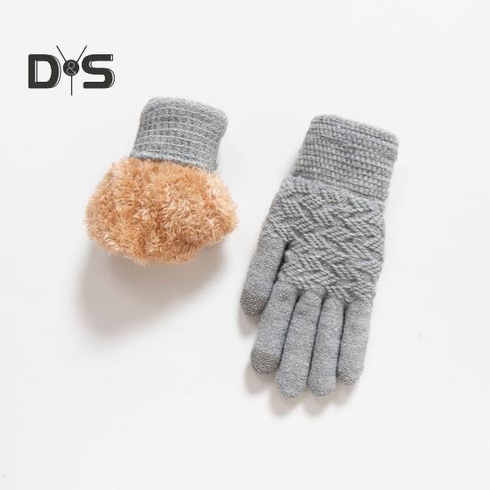 1 Pair Women Winter Gloves Double-layer Thickened Plush Jacquard Knitted Five Fingers Unisex Anti-slip Cold Weather Driving Golfing Skiing Skating