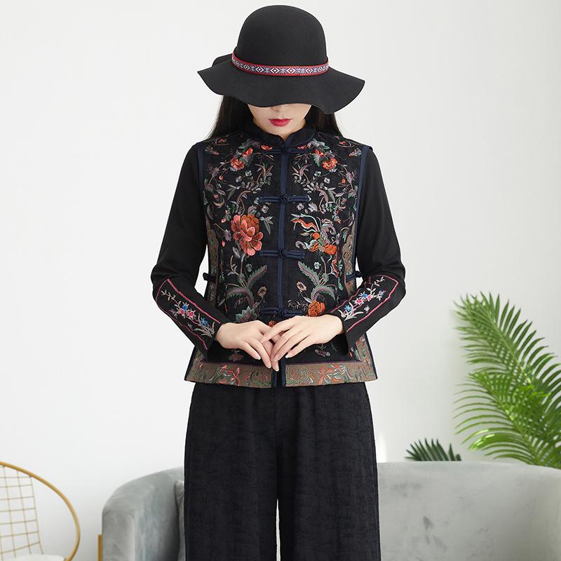 Gilet Senza Maniche da Donna Collo alla Mandarina Gilet Ricamato Etnico Retro con Bottoni a Rana Aperto Davanti Top