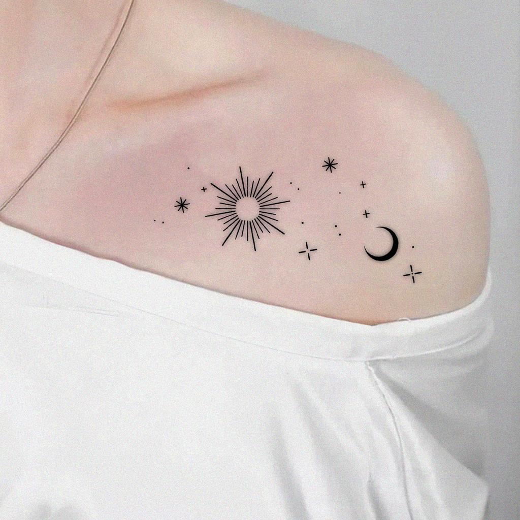 Dark Sun, Moon And Stars Tattoo Sticker, Niche Personality, Waterproof, Sweat-Proof And Non-Reflective.