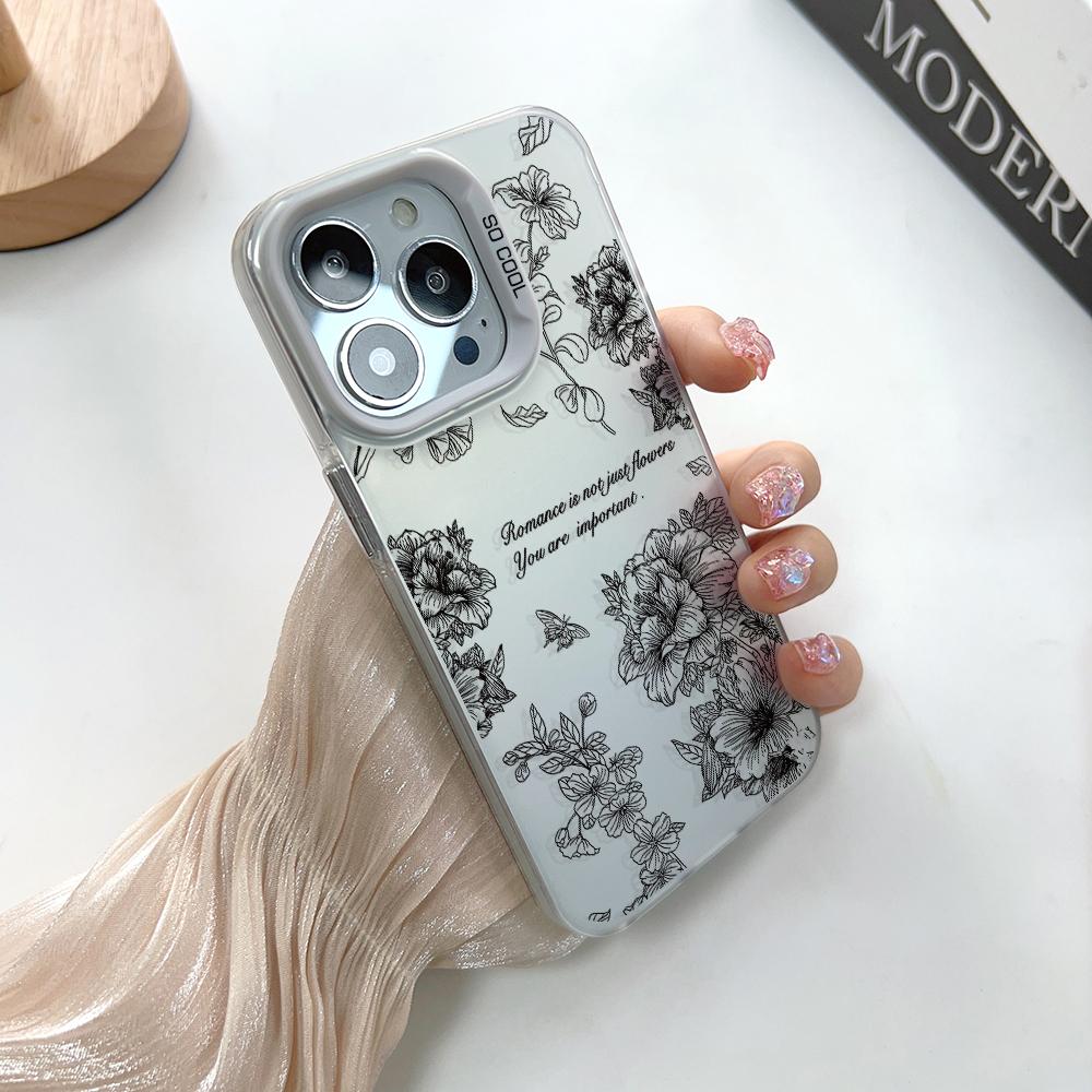 Black Line Flowers Phone Case for iPhone 17 Air 16 15 14 11 Pro Max Plus 13 12 Mini Xs 8 7 Laser Bumper Shockproof Coque Cover iPhone 7 8 серебряный