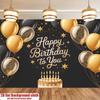 2D Black Gold Birthday Backdrop - Cake & Confetti Balloon Party Photography Banner