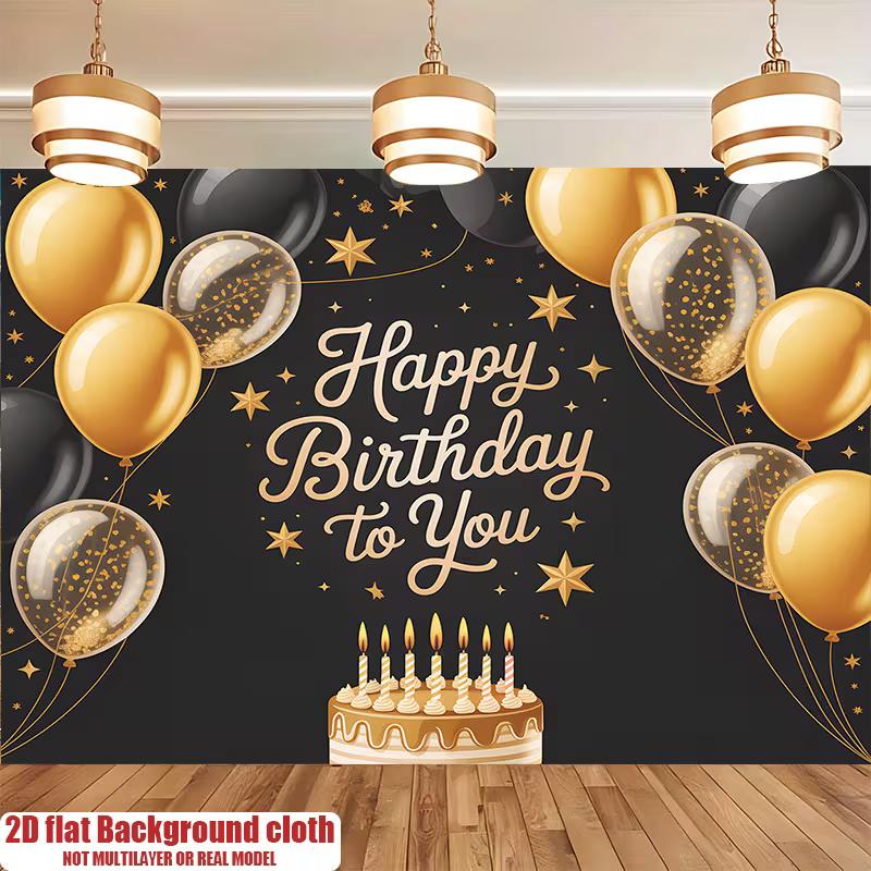 2D Happy Birthday to You Black Gold Balloon Background Cloth Birthday Party Decoration 47.2x31.5inch/120*80cm