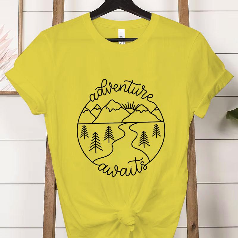 Adventure Awaits Outdoor Graphic T Shirts Women Mountain Nature Lover Gift Crew Neck Short Sleeve Tshirt Adventure Classic Tops