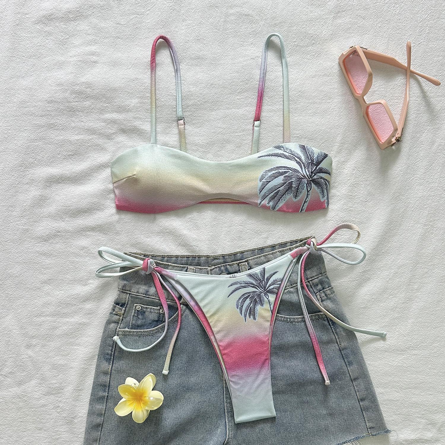 2026 European and American New Gradual Change with Light Coconut Tree Split Suspender Swimsuit Bikini S
