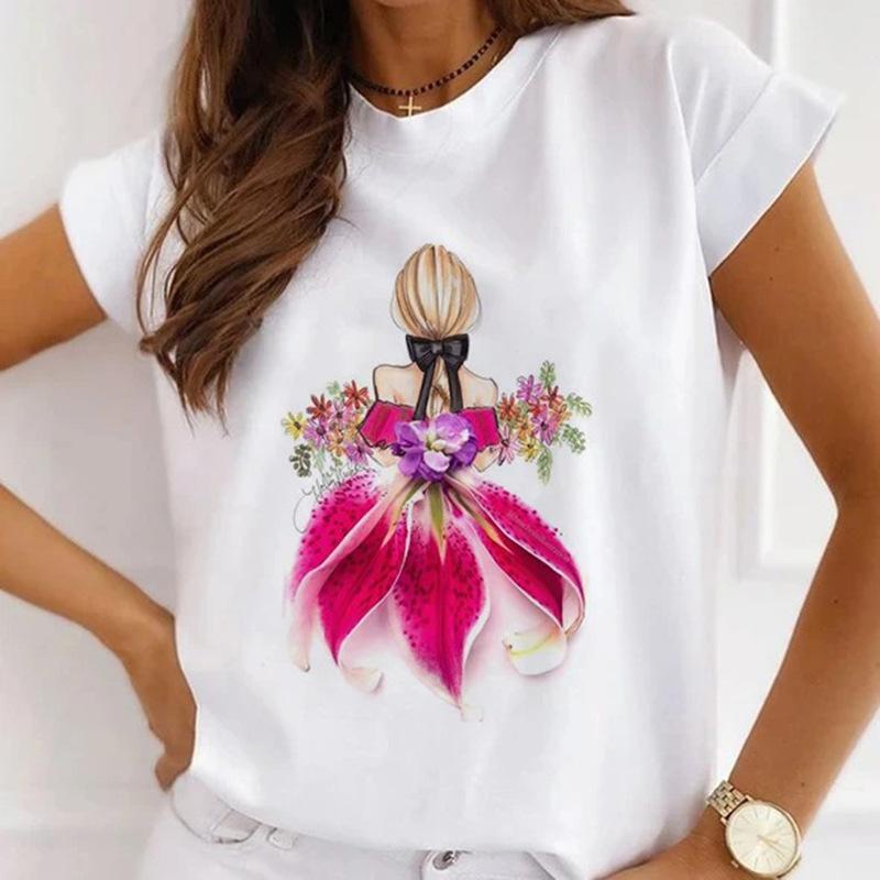 Módní kreativní 3D Rose Flower Grafika Dámské Tričko Letní halenka 90S Volný Trička s krátkým rukávem Bílý výstřih do O Dámské topy Oblečení