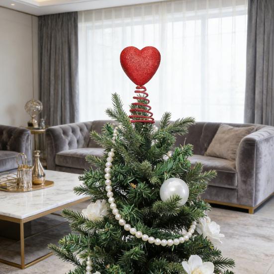 Red Heart Tree Topper with Coil Spring Bounce Effect Glittery Shiny Texture Romantic Holiday Decoration for Mini Trees Parties Home Decor And