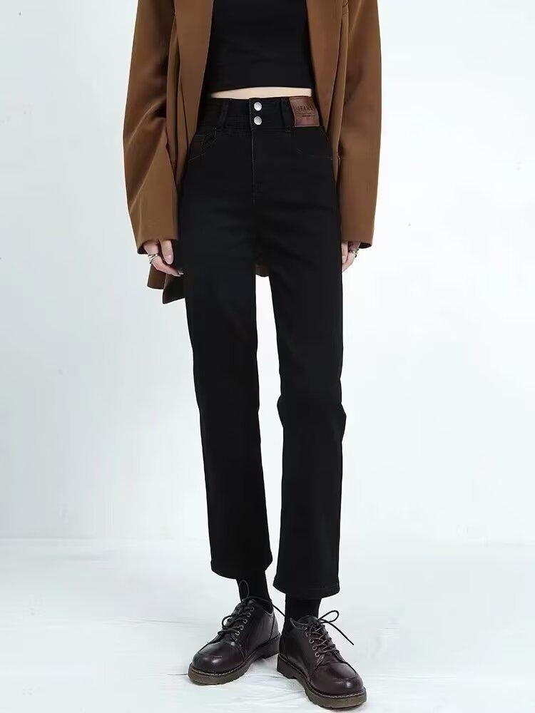 

Women s High-Waisted Fleece-Lined Cigarette Jeans - Winter Retro Fashion, Slimming Straight-Leg Pants L