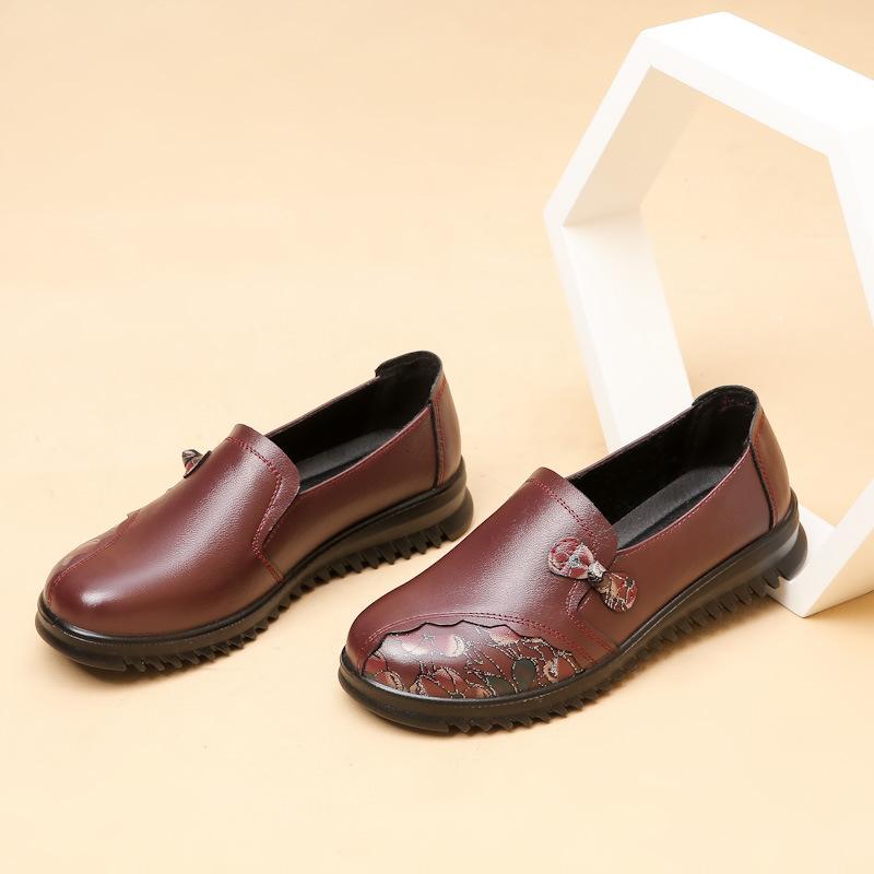 Women's Spring and Autumn PU Leather Soft Soled Single Shoes for Middle-aged and Elderly People, Comfortable Flat Bottomed Non Slip Shoes