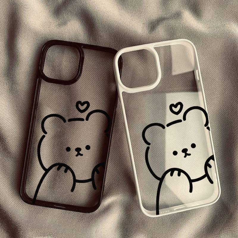 Cartoon Minimalist Bear Phone Case For iPhone 16 15 14 Pro MAX 12 13 12 XS SE2 XR 7 8Plus Cute Line Animal Hard Clear Cover Capa