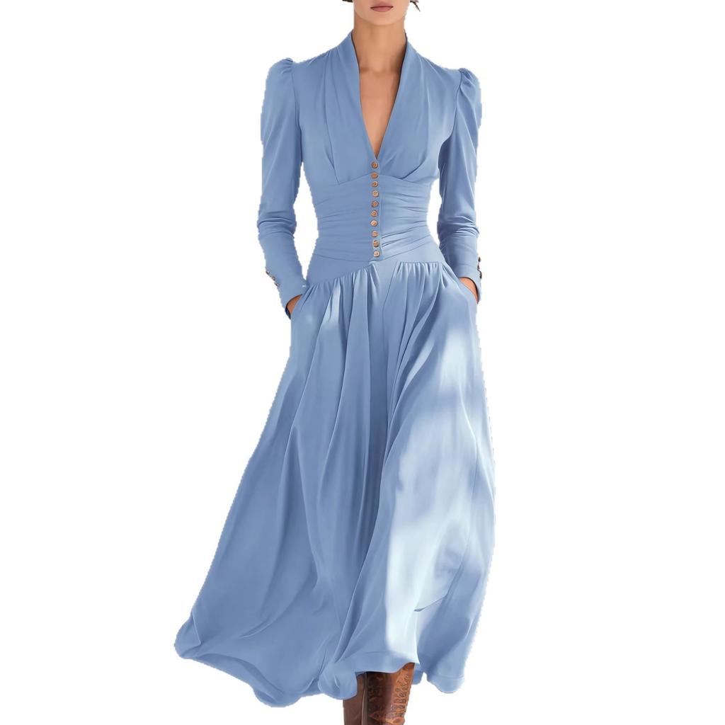 Abito Maxi da Donna con Scollo a V Profondo Vita Alta Senza Maniche Dettaglio Bottoni Tasca Elegante Abito da Sera per Feste