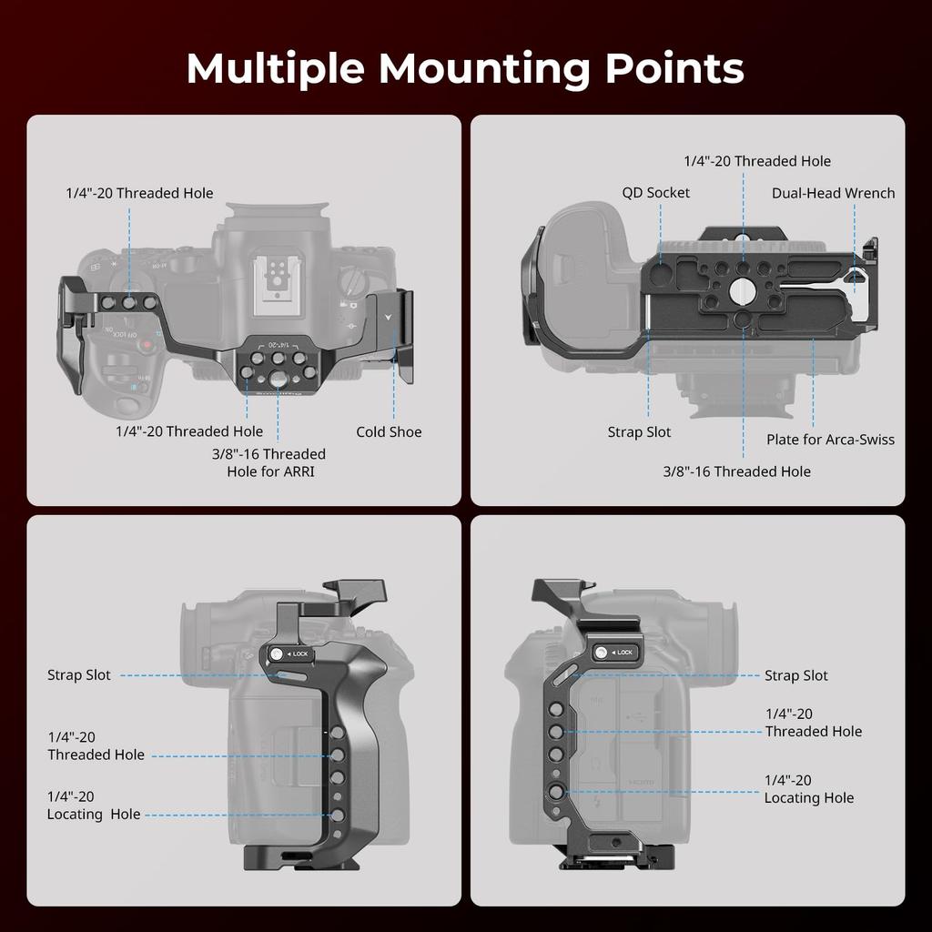 SmallRig Camera Cage for Canon R5 Mark Aluminum Alloy Camera Video Cage with Cold Shoe and and Quick Release Plate II, Mount, 1/4"-20 3/8"-16 Threads,