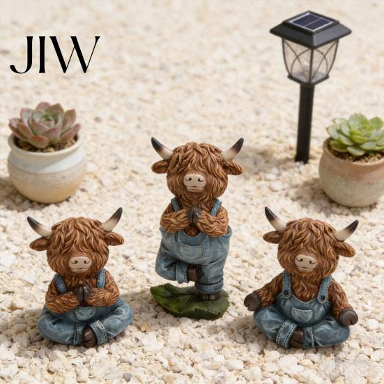 Pastoral Home Accents Yoga Highland Cow Resin Figurine, Farmhouse Style Overalls Statues, Waterproof Crafted Collectibles Garden Ornament for