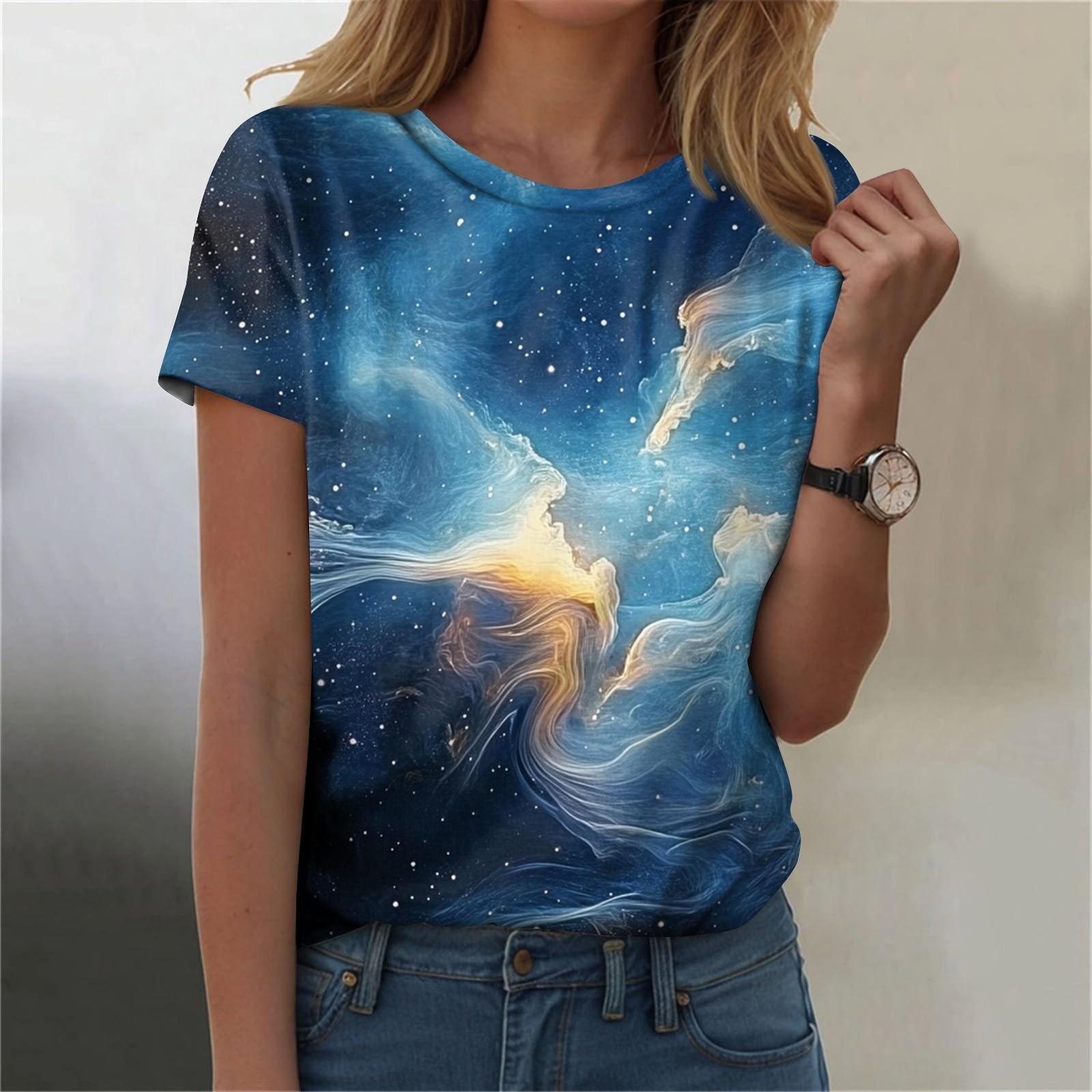 

Женская мода повседневная футболка с круглым вырезом и короткими рукавами с принтом неба XL небесно-голубой